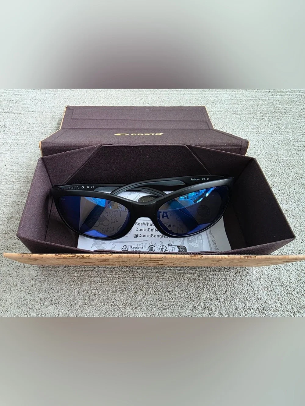 Costa Del Mar Fathom FA11 Blue Mirror Polarized Sunglasses Black w/ Cork Case